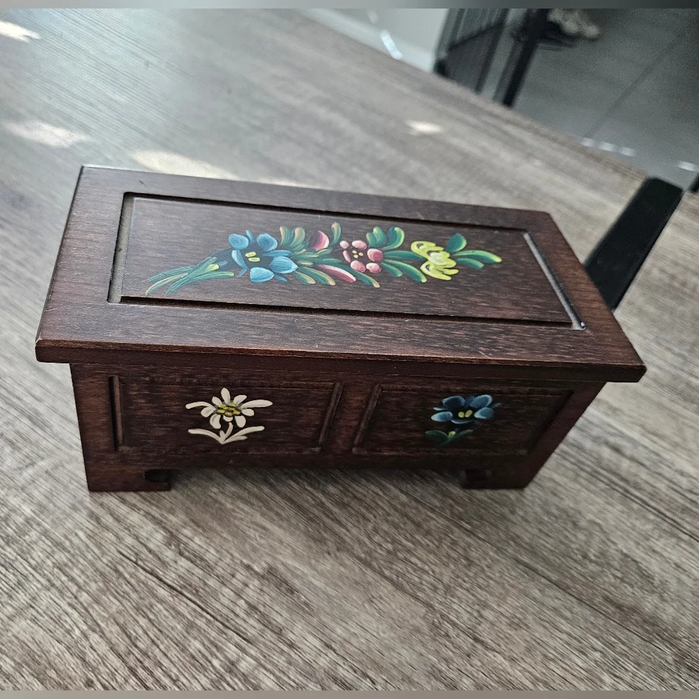 Rare Handpainted Reuge Music Storage Wooden Box with Floral Design